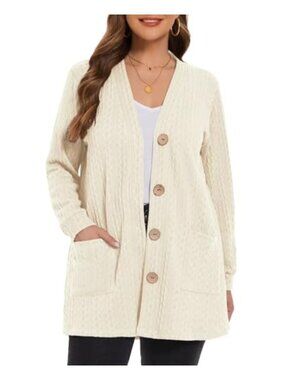 Cable Knit Open Front Cardigan Button Down Long Sleeve Plus Size Sweater
